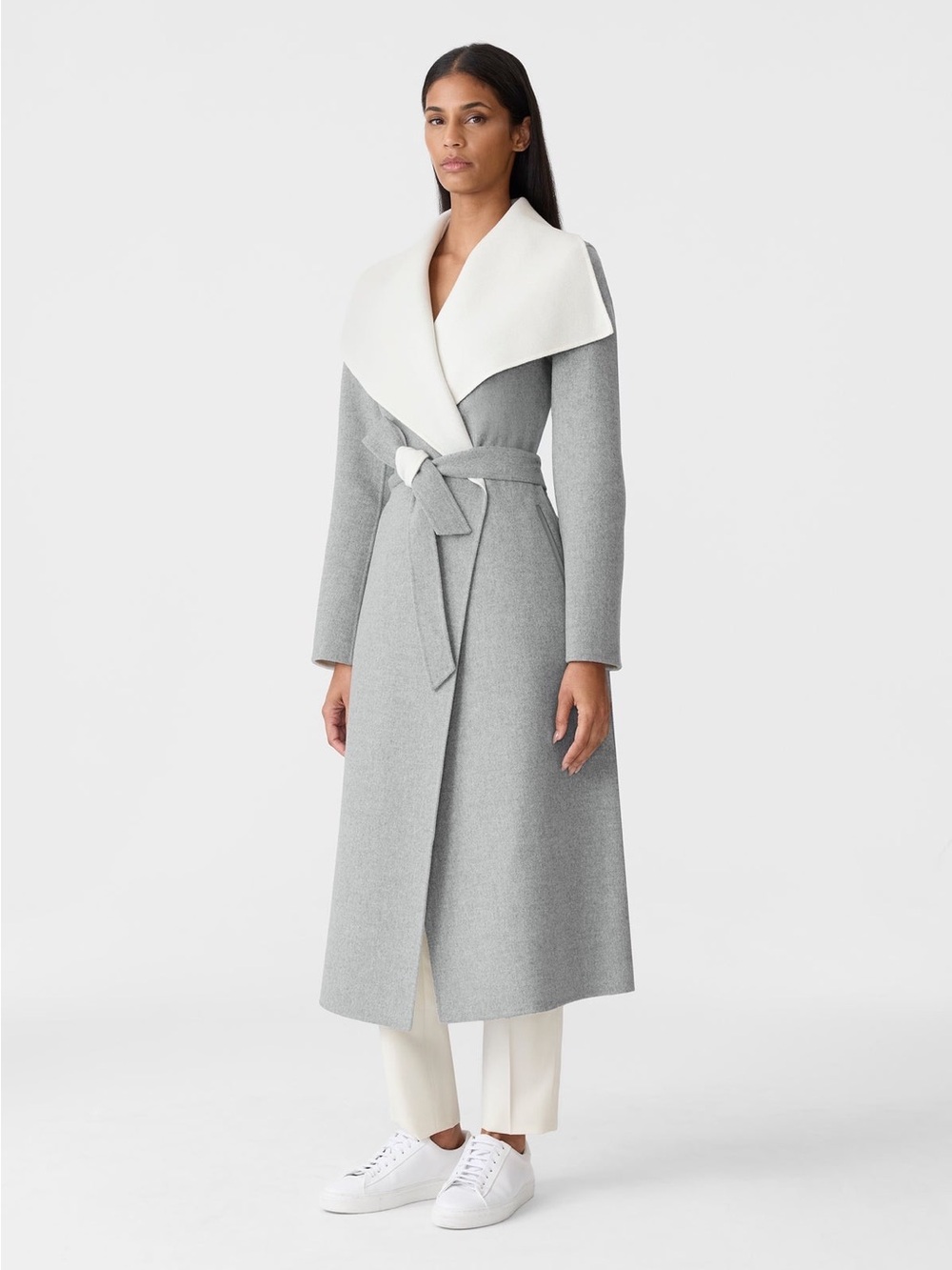 Mackage Two-Tone Light Gray and Cream Wrap Trench Coat